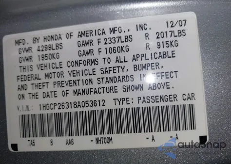 2008 Honda Accord 2.4 Lx from USA, damaged, VIN 1HGCP26318A053612